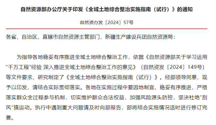 自然资源部办公厅关于印发《全域土地综合整治实施指南（试行）》的通知